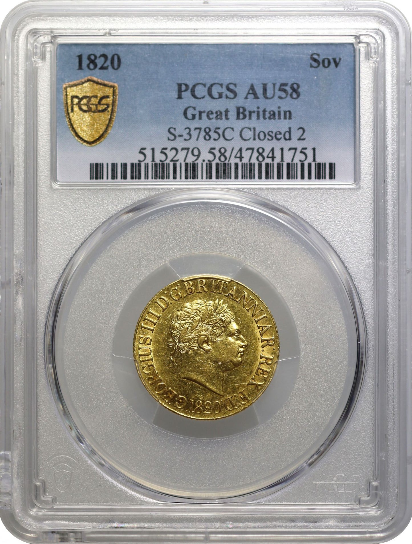 George III 1820 Sovereign closed 2 in date, PCGS AU58