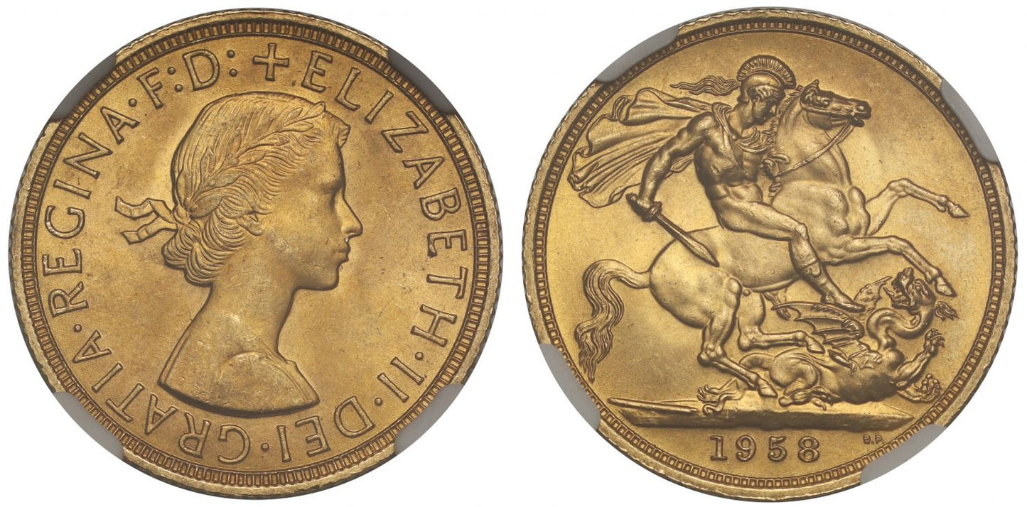 Elizabeth II 1958 Gillick Sovereign MS65+
