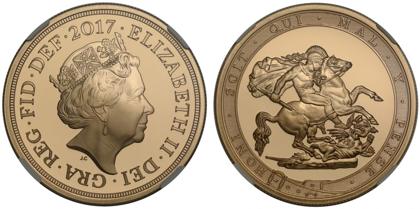 Elizabeth II 2017 proof Five-Pounds PF70 UC, one of first 150 struck