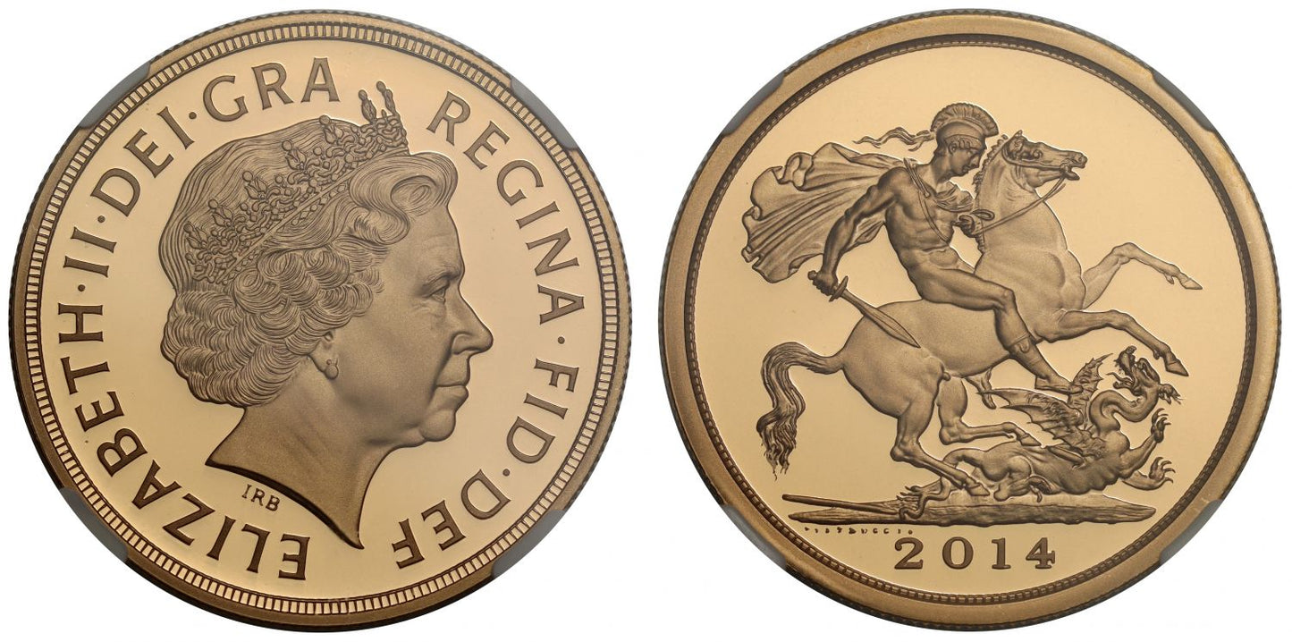 Elizabeth II 2014 proof Five-Pounds PF70 UC, one of first 100 struck