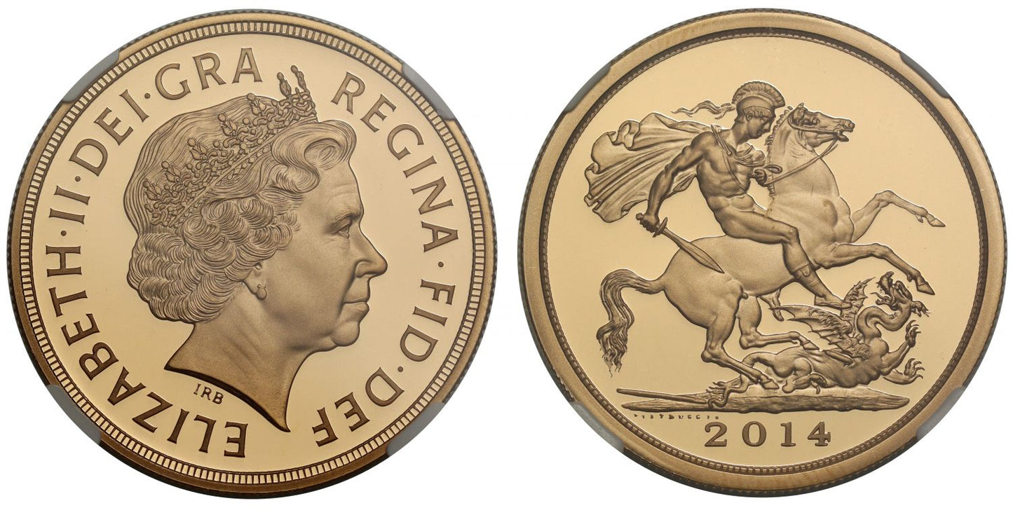 Elizabeth II 2014 proof Five-Pounds PF70 UCAM, one of first 100 struck