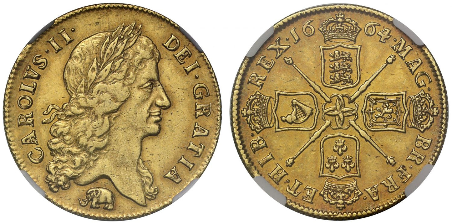 Charles II 1664 Two-Guineas Elephant below bust AU53
