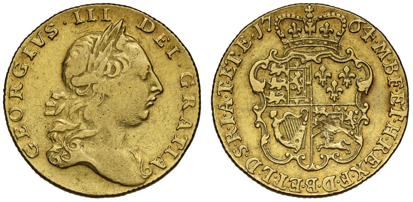 George III 1764 Guinea, second head, no stop at top, very rare