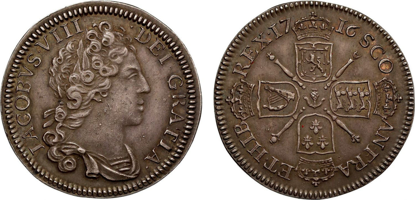 Scotland, James VIII 1716 silver restrike Guinea, struck in 1828 by M. Young