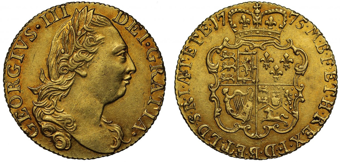 George III 1775 Guinea, 4th bust, AU55, rose reverse