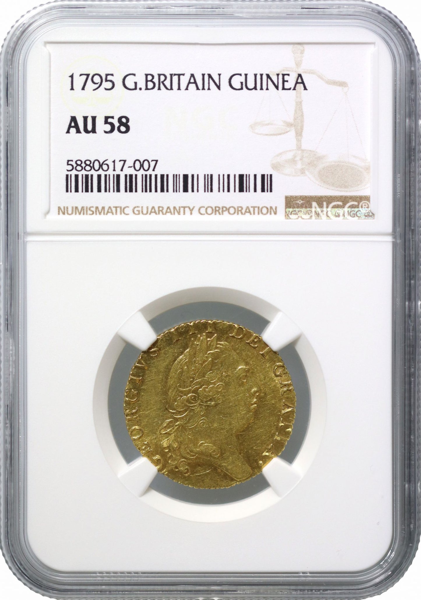 George III 1795 Guinea, AU58, 5th bust, 9 over small 9, spade reverse