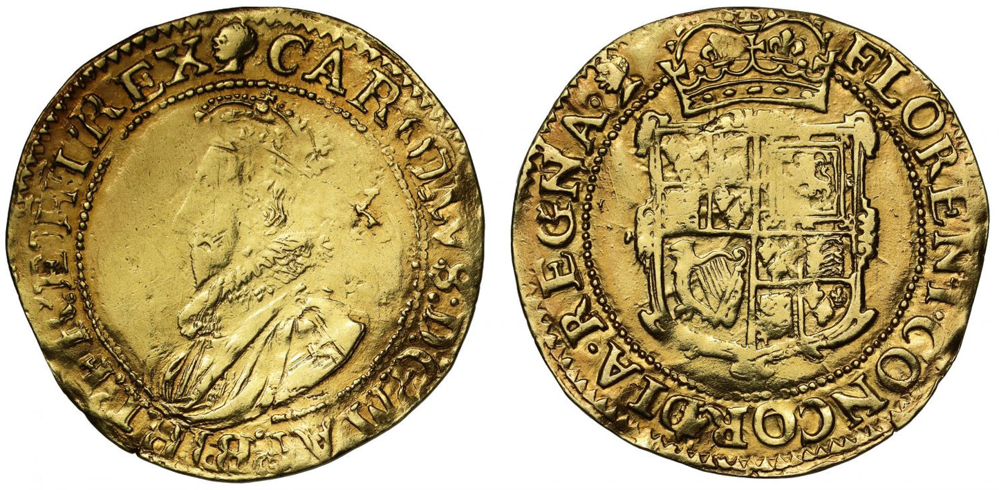 Charles I Unite Tower Mint Group B, mintmark blackamoor head