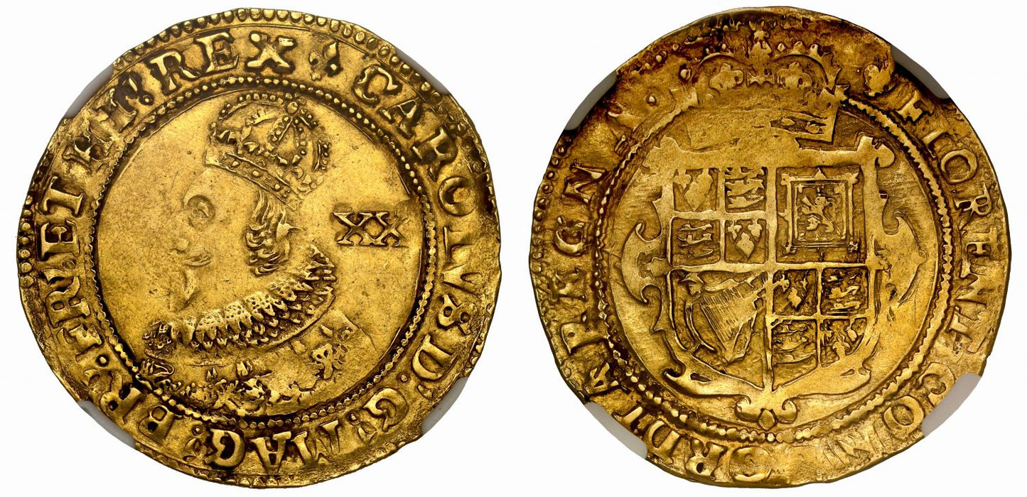 Charles I Unite of 20 Shillings, Coronation issue, AU50