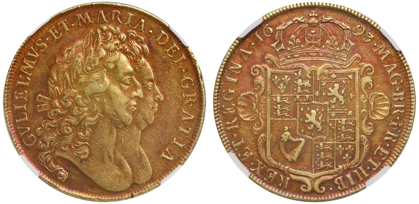 William & Mary 1693 Five-Guineas, QVINTO edge year, AU53, ex Baumhauer