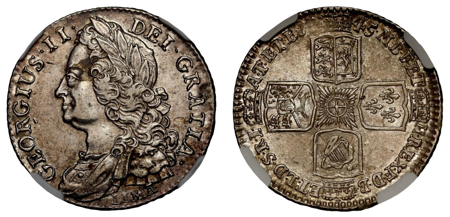 George II 1745 LIMA Shilling AU55, struck from captured silver