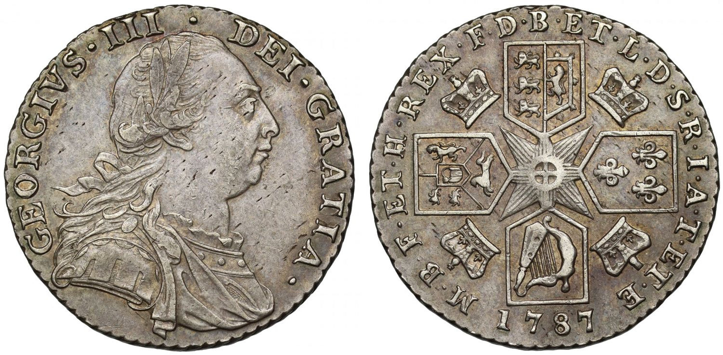 George III 1787 Shilling, no stops at date with 7 struck over 6, no semée of hearts