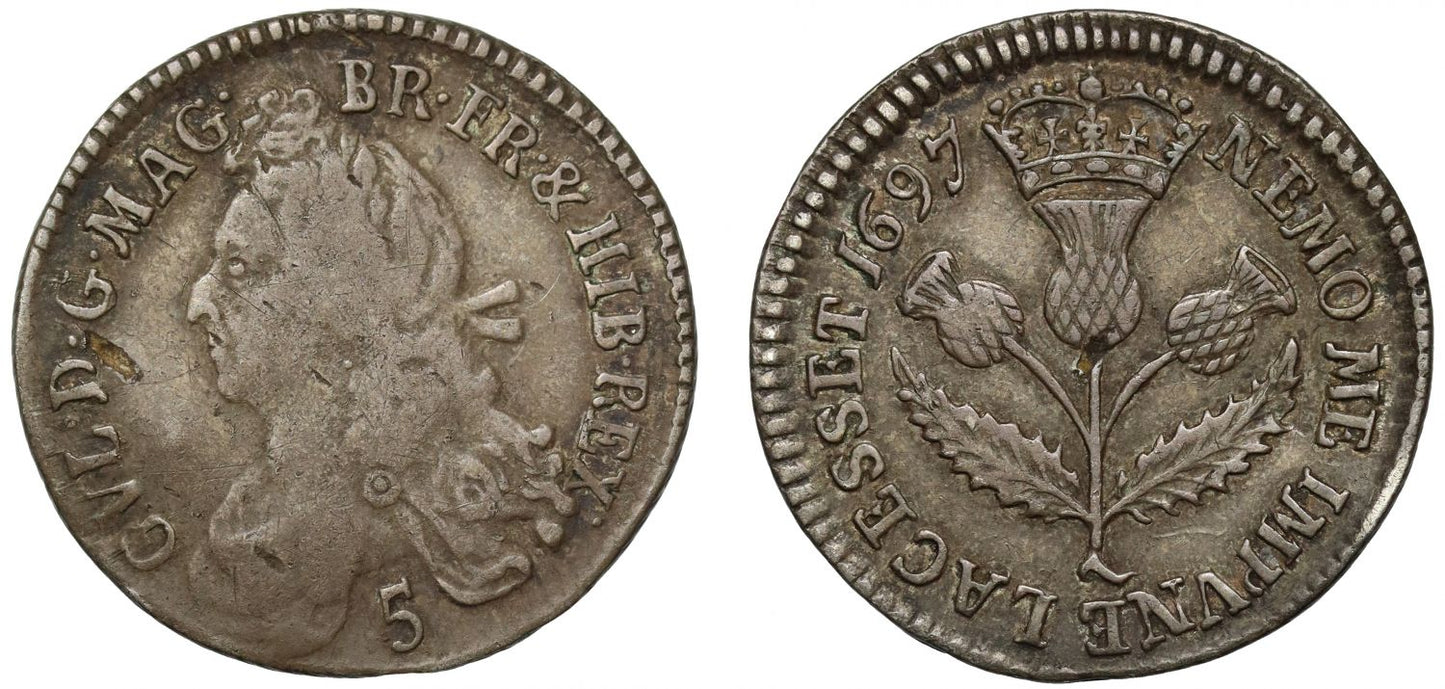 Scotland, William III 1697 Five-Shilling, no stops in reverse legend