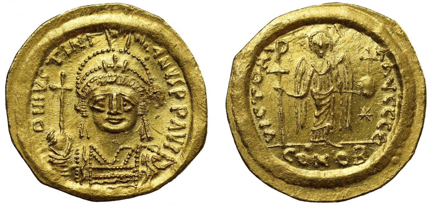 Justinian I, gold Solidus, Constantinople, Officina Є.