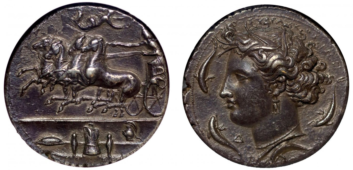 Syracuse, silver Decadrachm, with reverse die signed by Euainetos | NGC AU 5/5 4/5 "Fine Style".