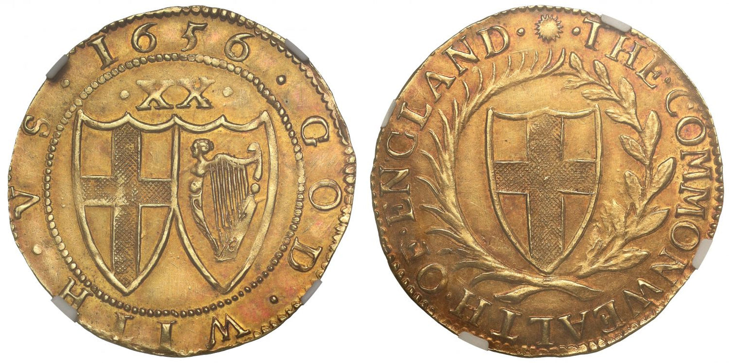 Commonwealth 1656 gold Unite, one of the rarest dates, finest graded MS63