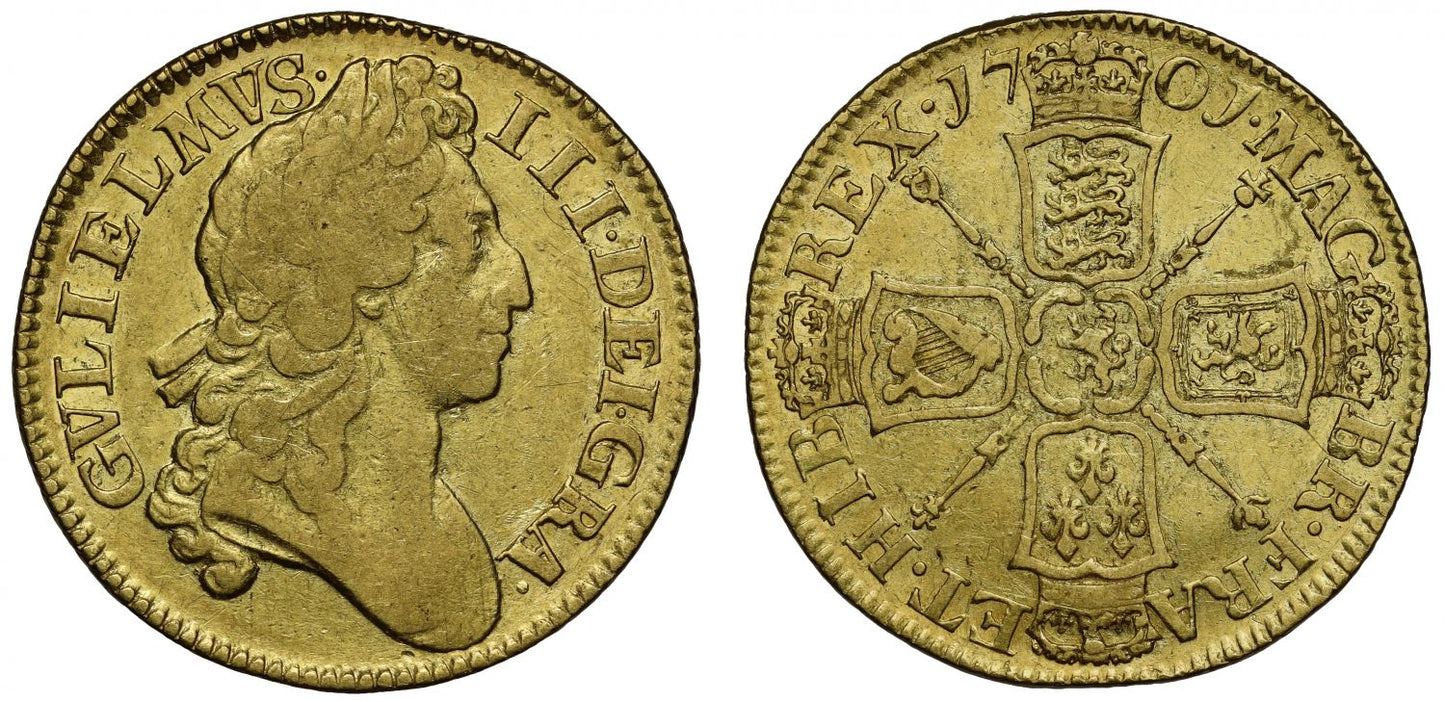 William III 1701 Guinea, 2nd laureate head, ornamental sceptres, narrow crowns