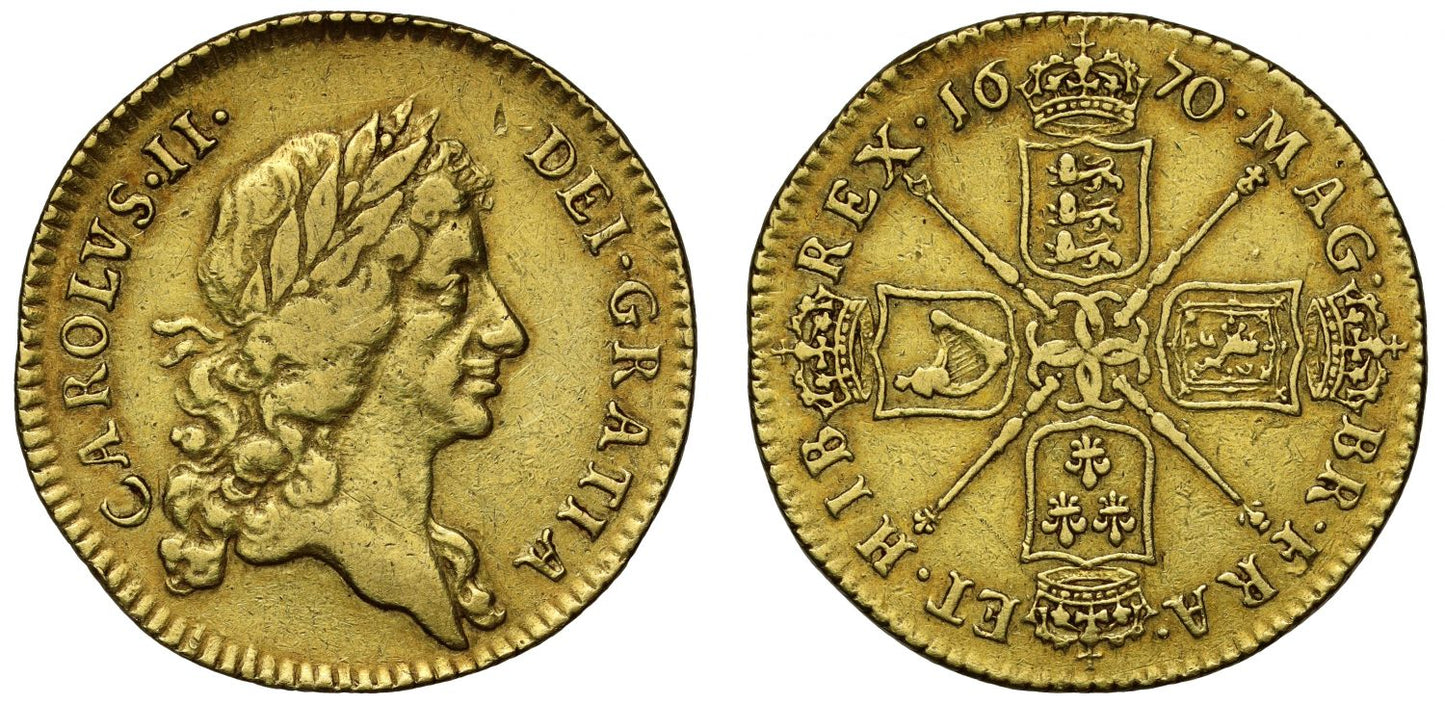 Charles II 1670 Guinea, third bust, less gold was coined in 1670 than silver