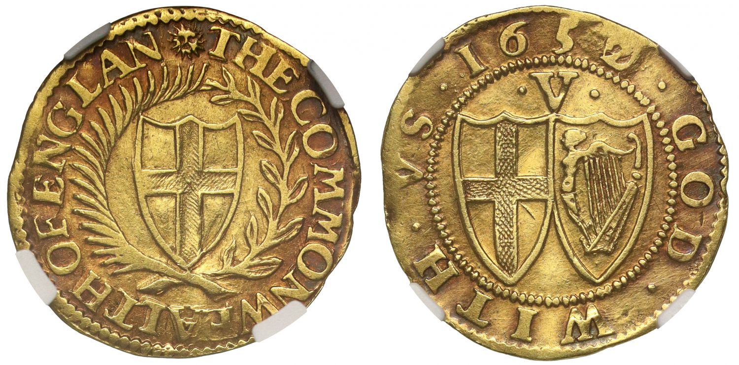 Commonwealth 1652/0 gold Crown AU50, no D in ENGLAND