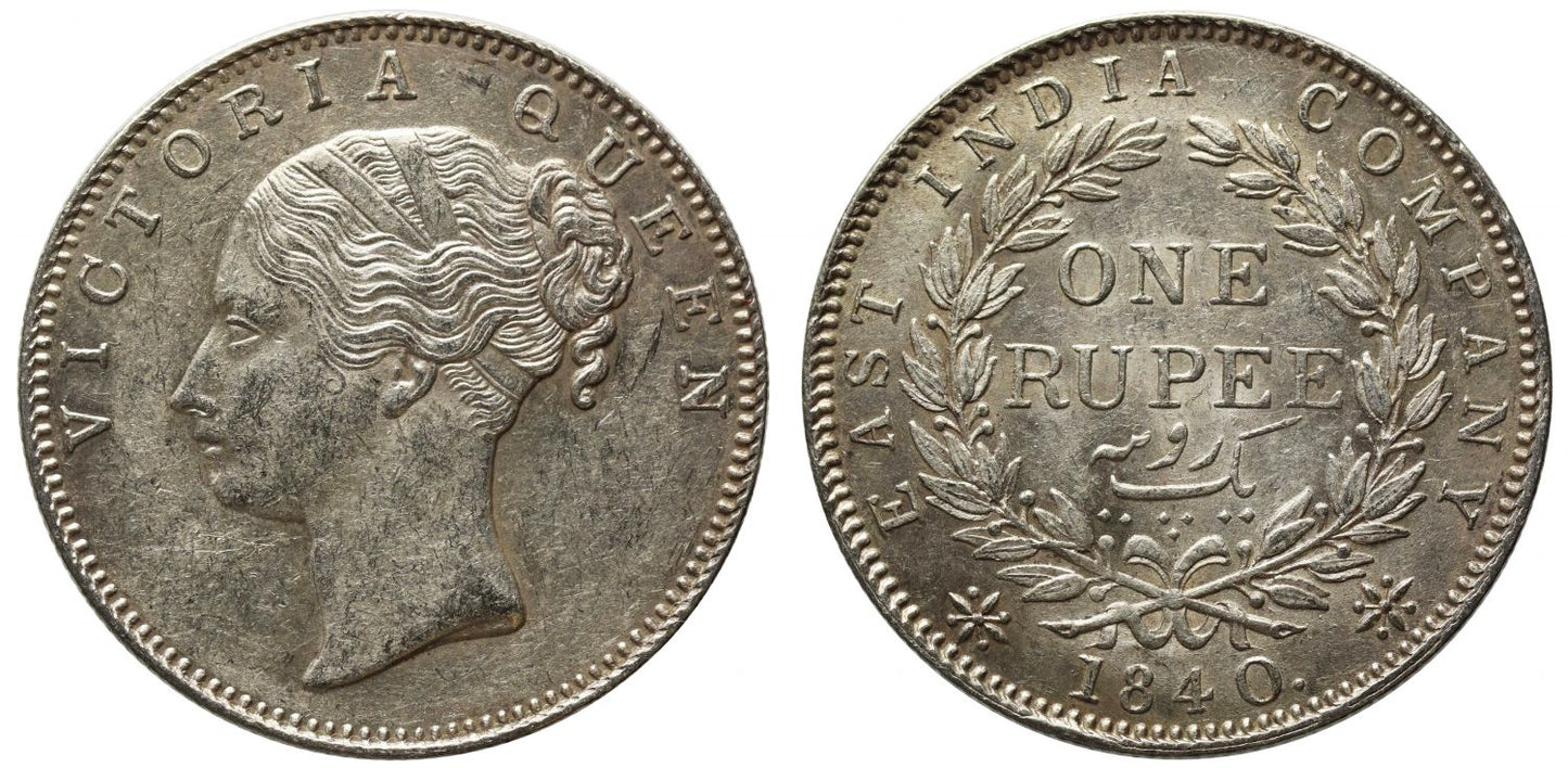 British India, Victoria, silver Rupee, 1840, continuous legend. About extremely fine.