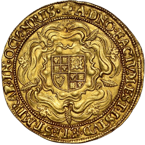 James I fine gold Rose Ryal mint mark Trefoil for 1613, NGC MS62 finest graded