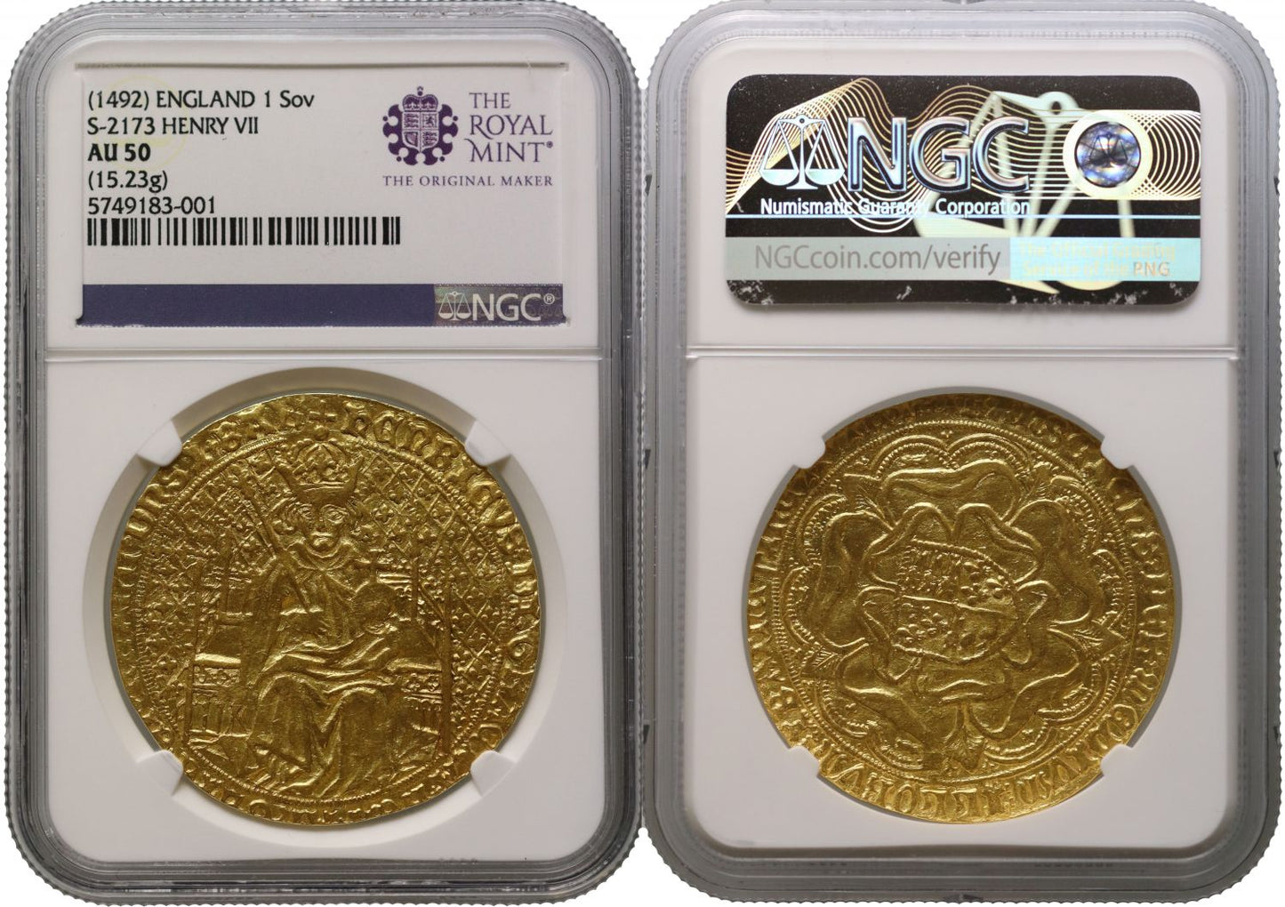 Henry VII fine gold Sovereign of earliest type available NGC AU50, realistic artistic portrait