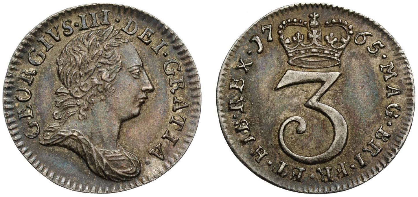 George III 1765 Threepence AU58, the rarest and key date for this reign R4