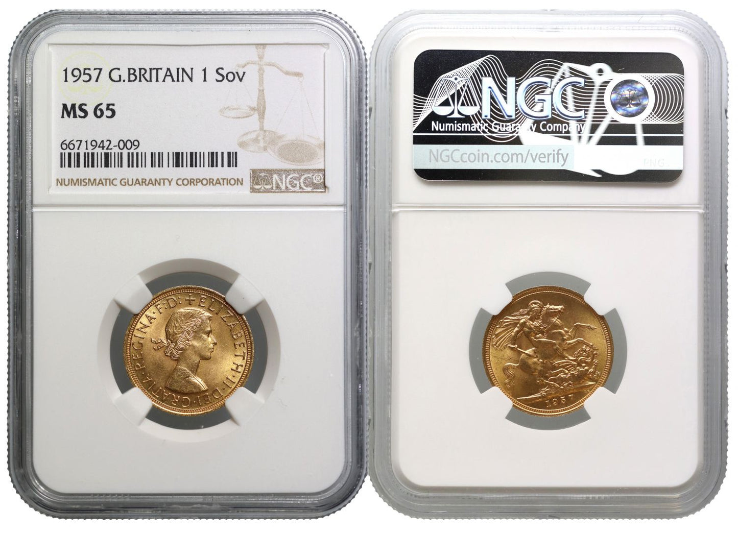 Elizabeth II 1957 Gillick Sovereign MS65