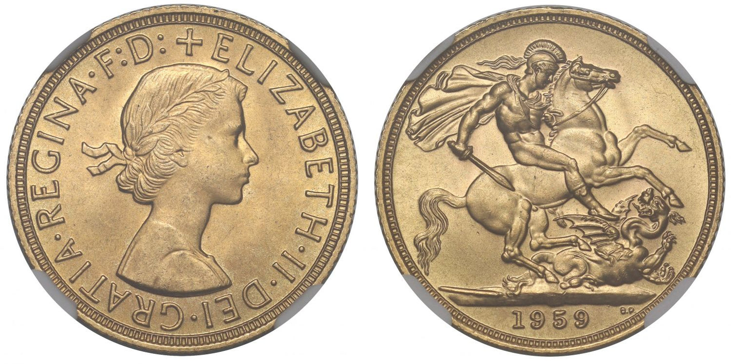 Elizabeth II 1959 Gillick Sovereign MS65
