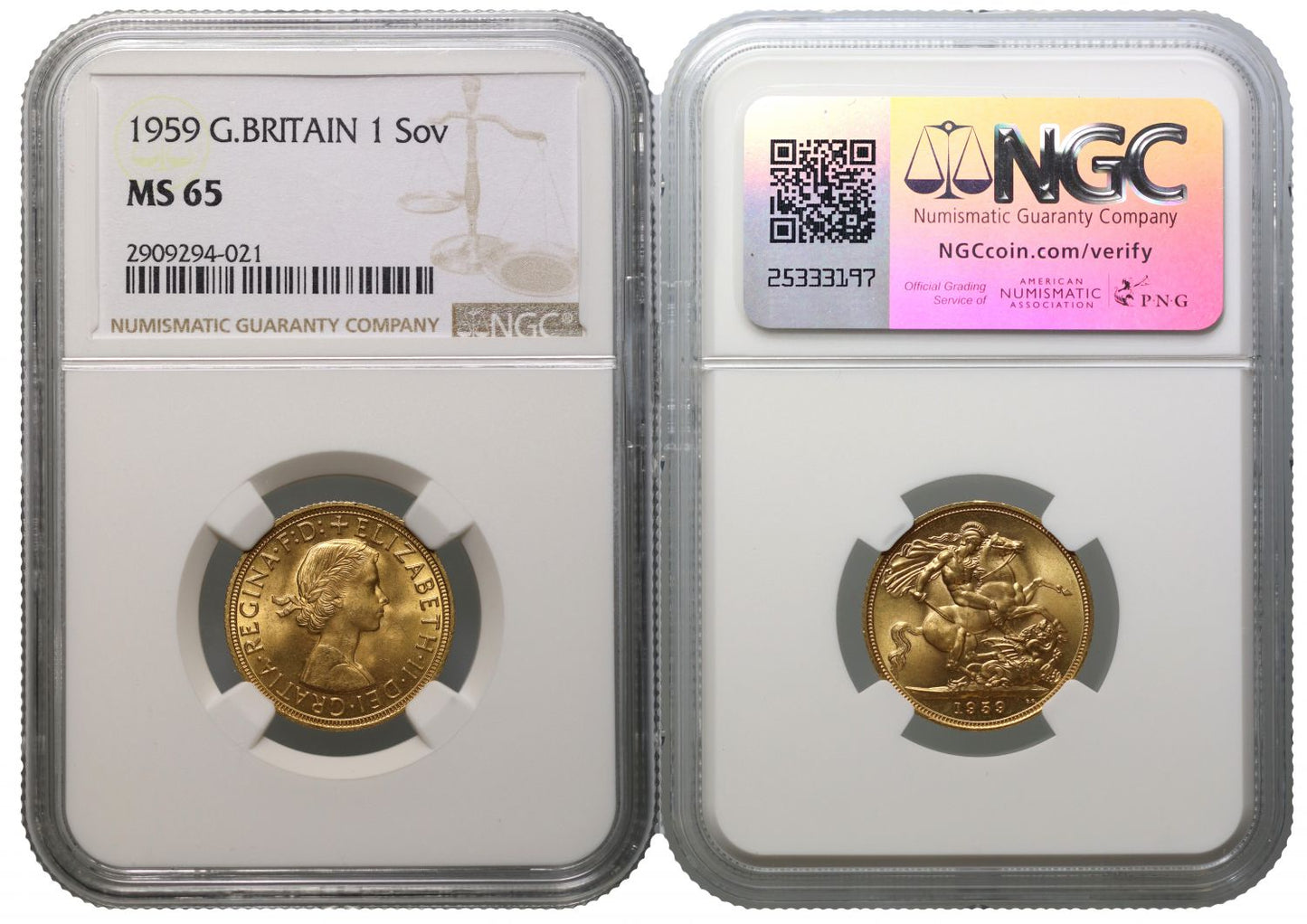 Elizabeth II 1959 Gillick Sovereign MS65