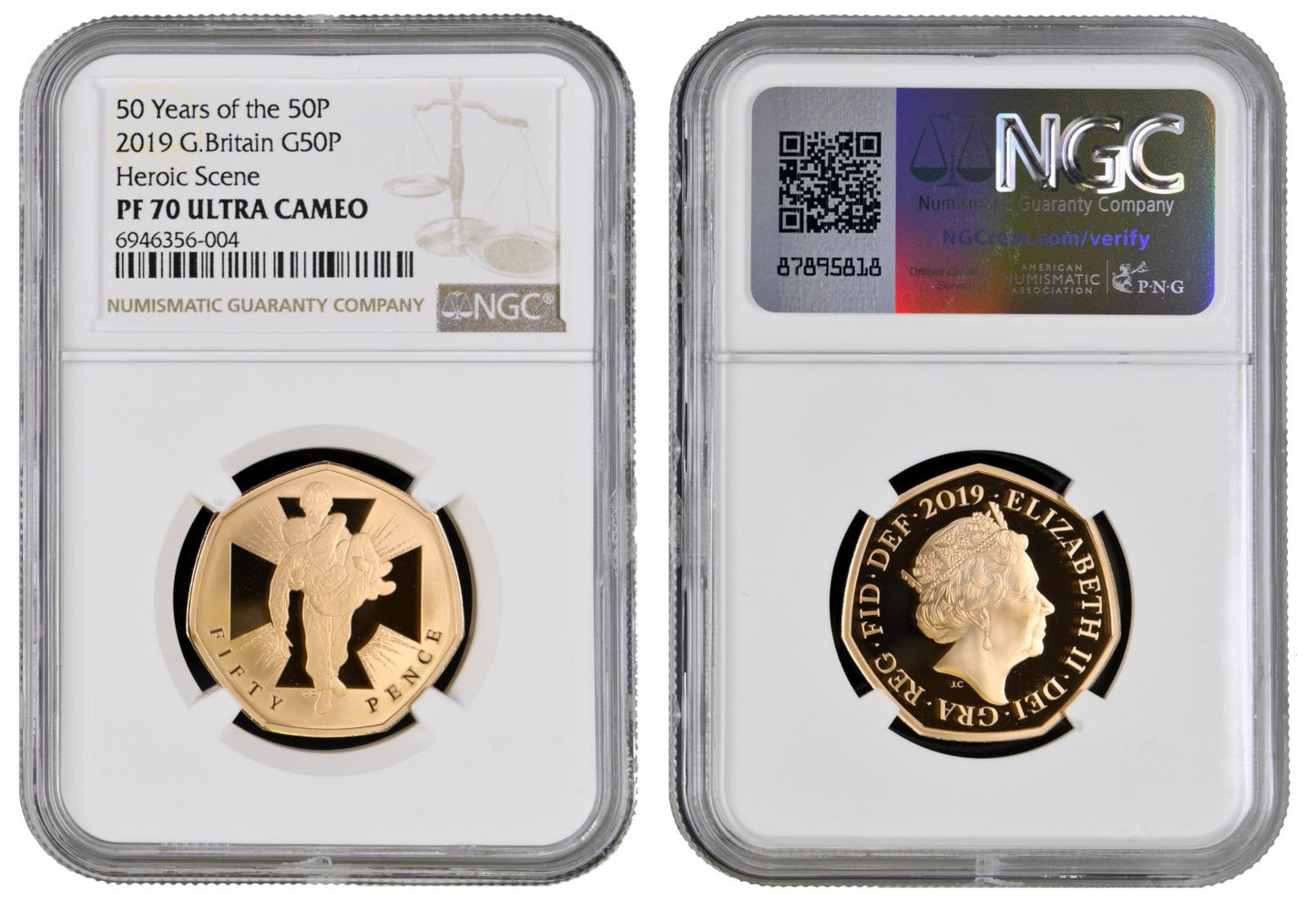 Elizabeth II 2019 PF70 UC gold 50p Heroic Scene, low mintage