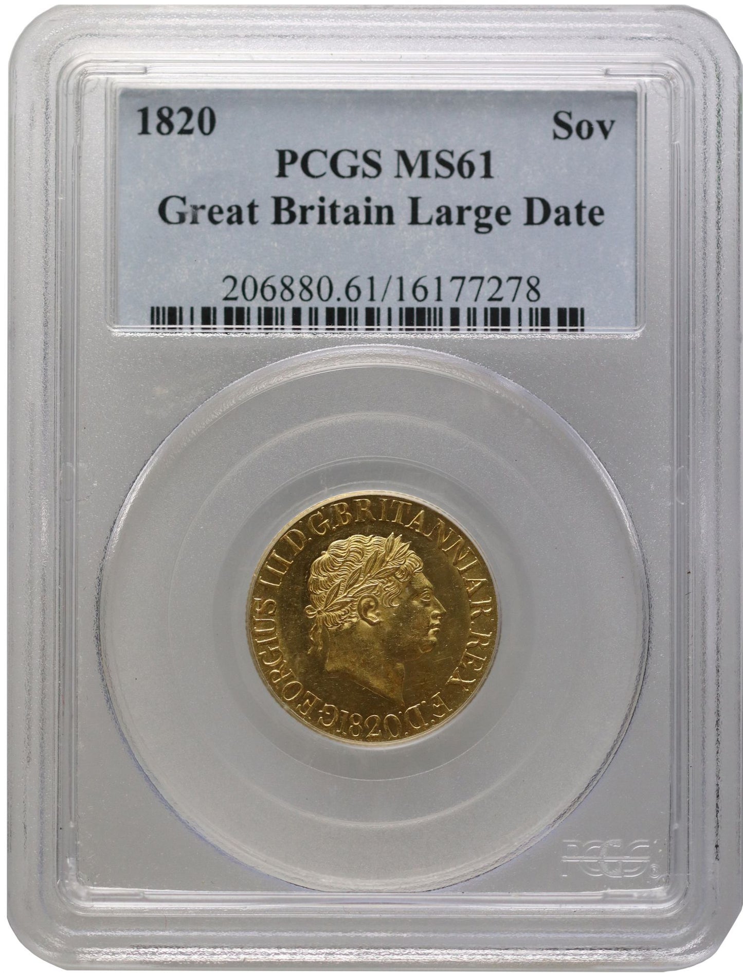 George III 1820 Sovereign, open 2, off set 0 and die axis MS61