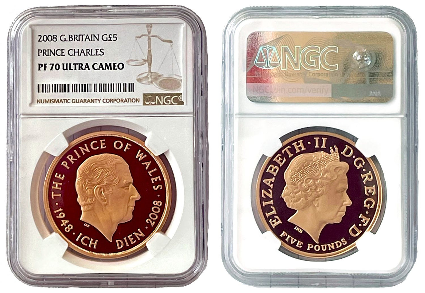Elizabeth II 2008 PF70 UCAM Five-Pounds Prince Charles 60th Birthday