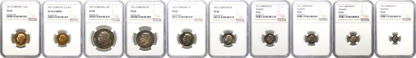 George V 1911 10-coin proof Set Coronation NGC PF63-PF66 with original case