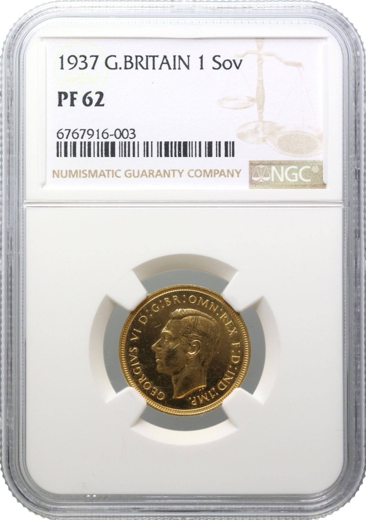 George VI 1937 proof Sovereign PF62, only 5,501 struck
