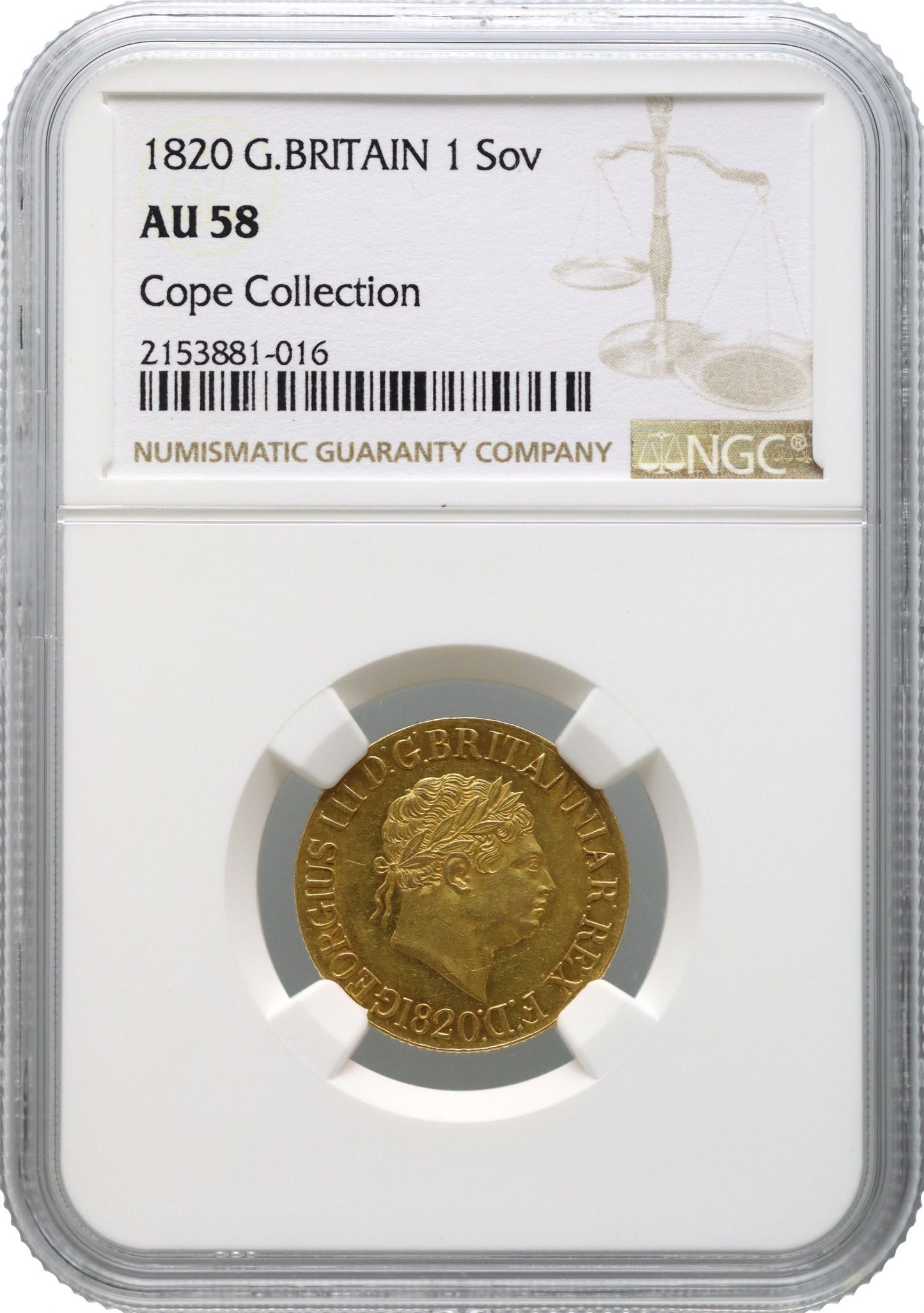 George III 1820 Sovereign, open 2 in date, NGC AU58 ex Cope Collection