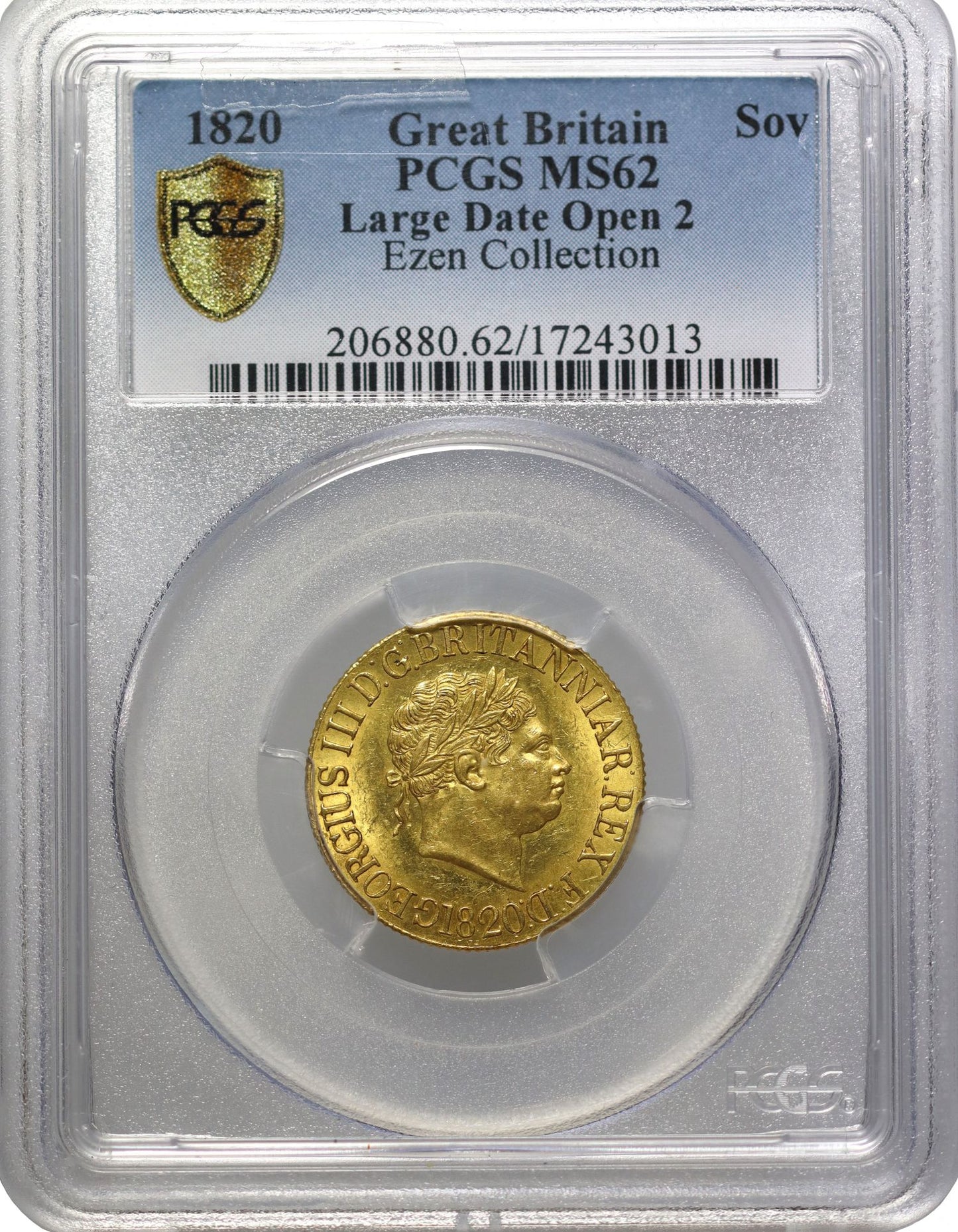 George III 1820 Sovereign large date open 2 variety MS62