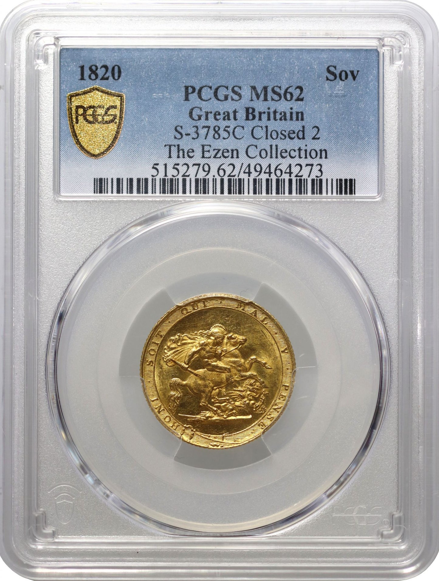 George III 1820 Sovereign closed 2, PCGS MS62
