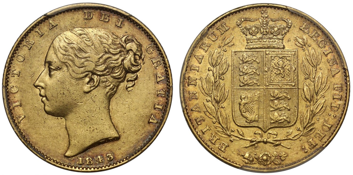 Victoria 1843 Sovereign Narrow Shield on reverse, PCGS XF45