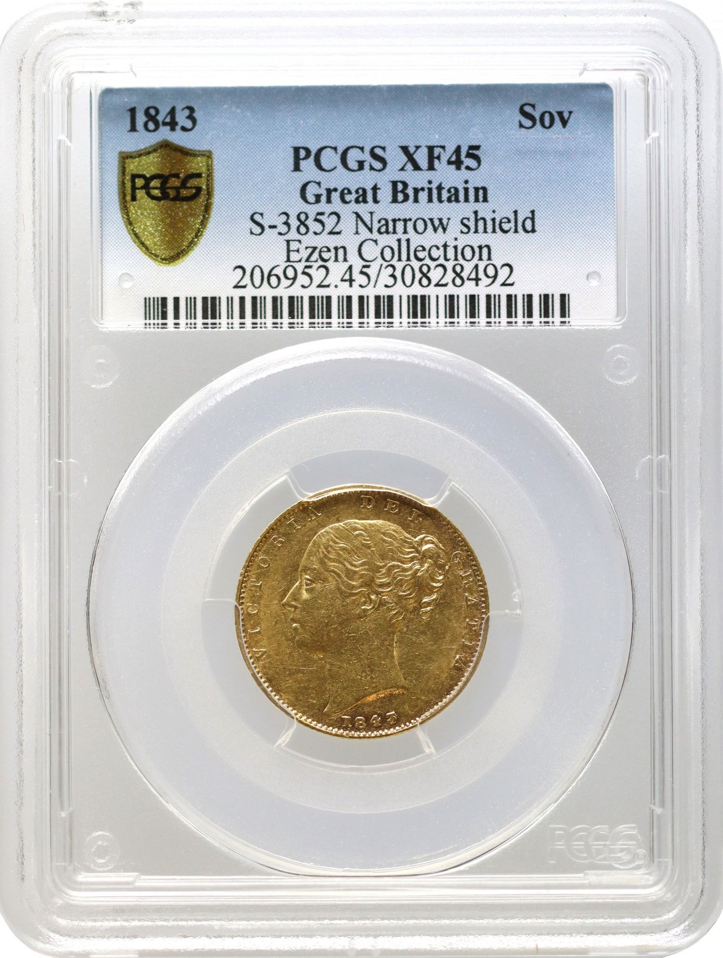 Victoria 1843 Sovereign Narrow Shield on reverse, PCGS XF45