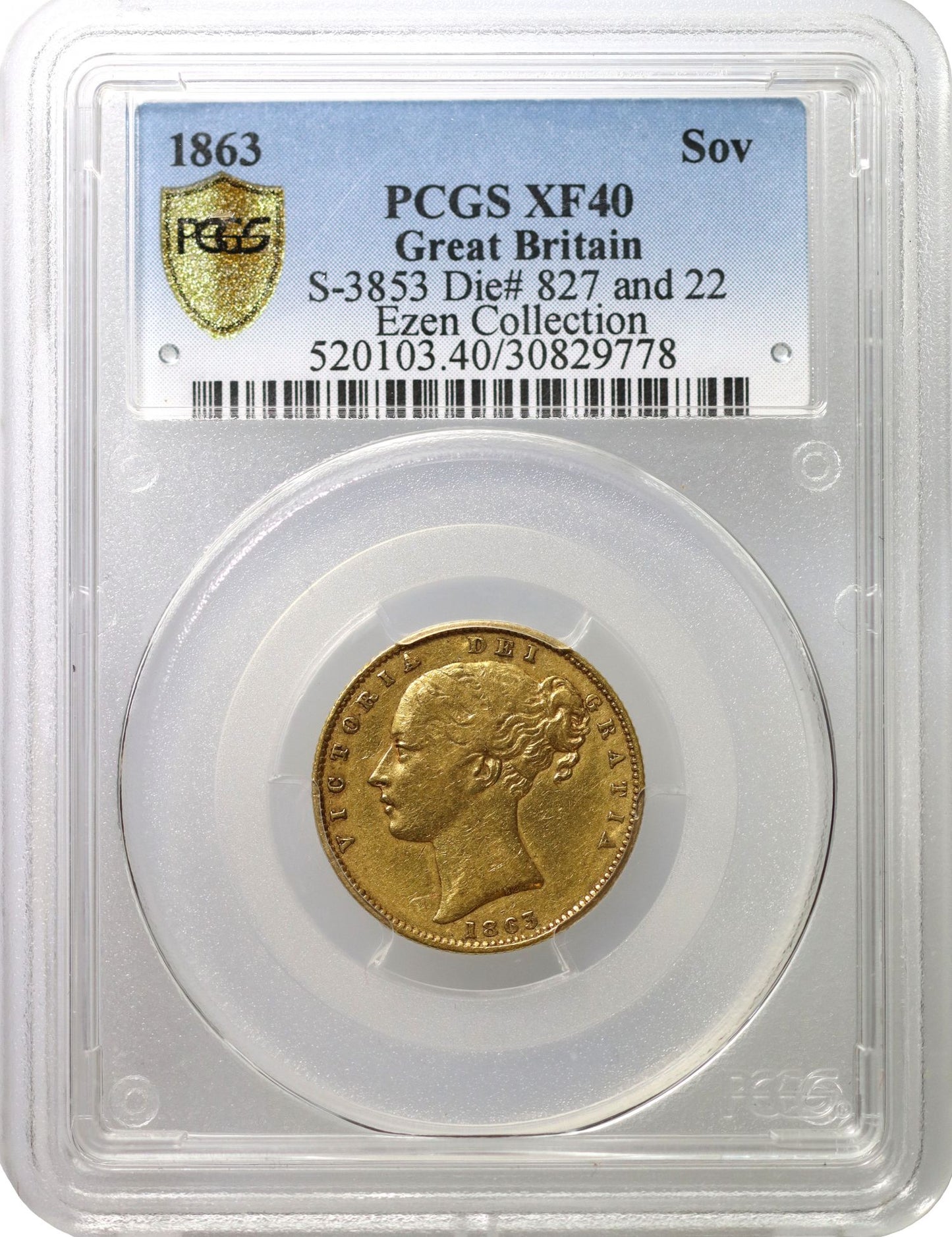 Victoria 1863 Sovereign "827" on truncation, die 22 reverse PCGS XF40