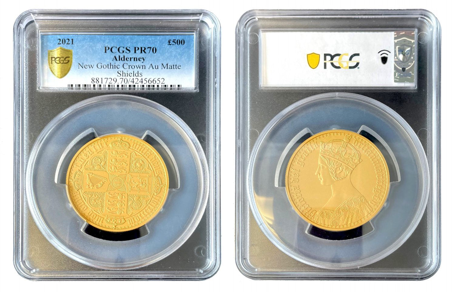 Alderney QEII 2021 PR70 gold 5oz Gothic Crown Matt Proof QA, MULE ERROR COIN