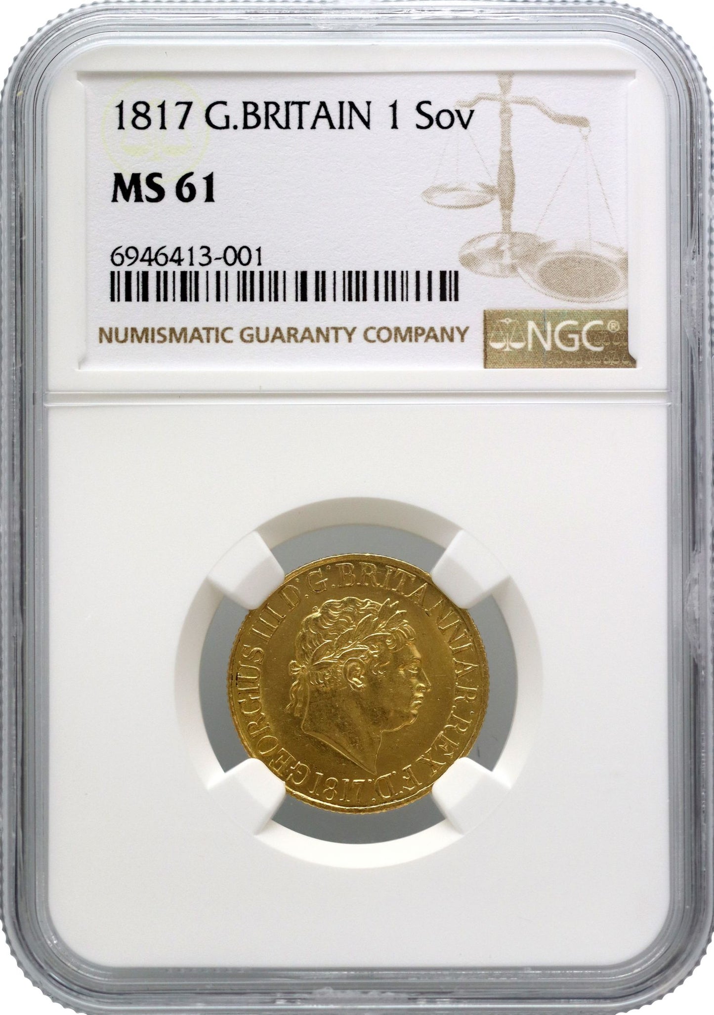 George III 1817 Sovereign, first year of issue NGC MS61