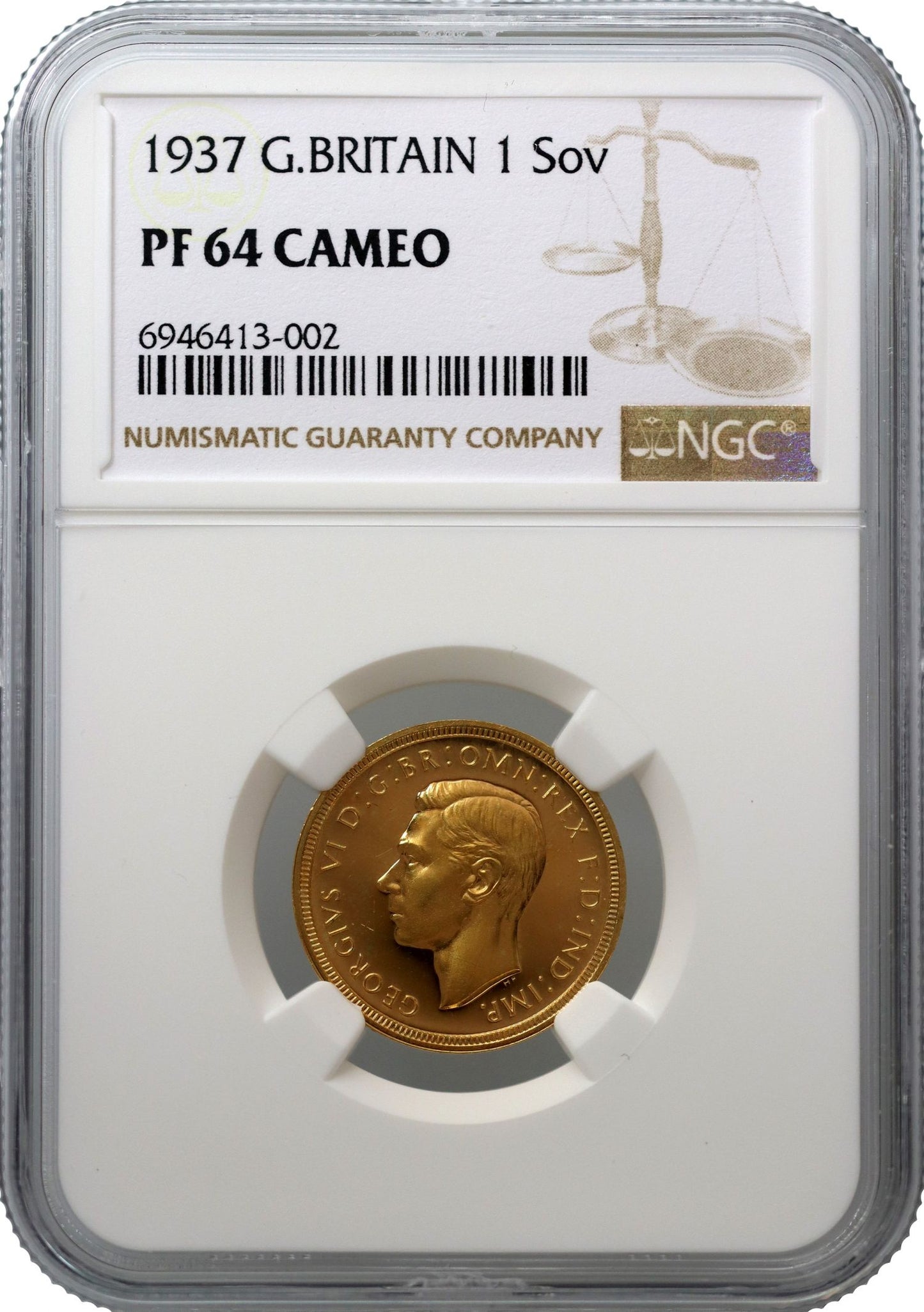George VI 1937 proof Sovereign, Coronation issue NGC PF64 CAMEO