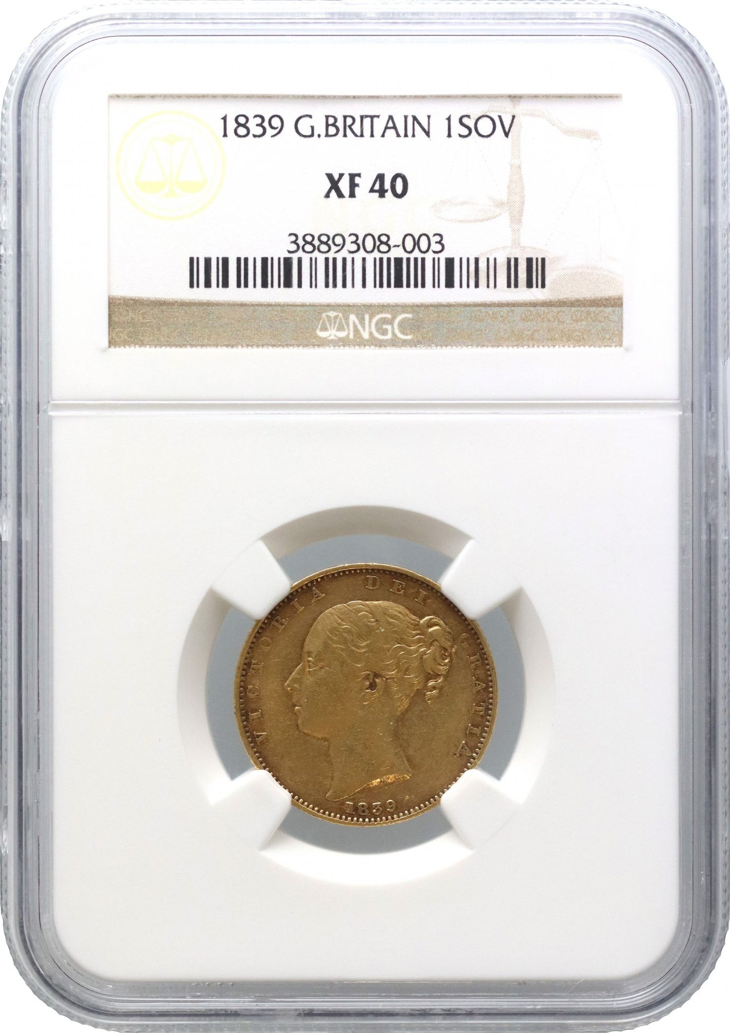 Victoria 1839 Sovereign first young head XF40