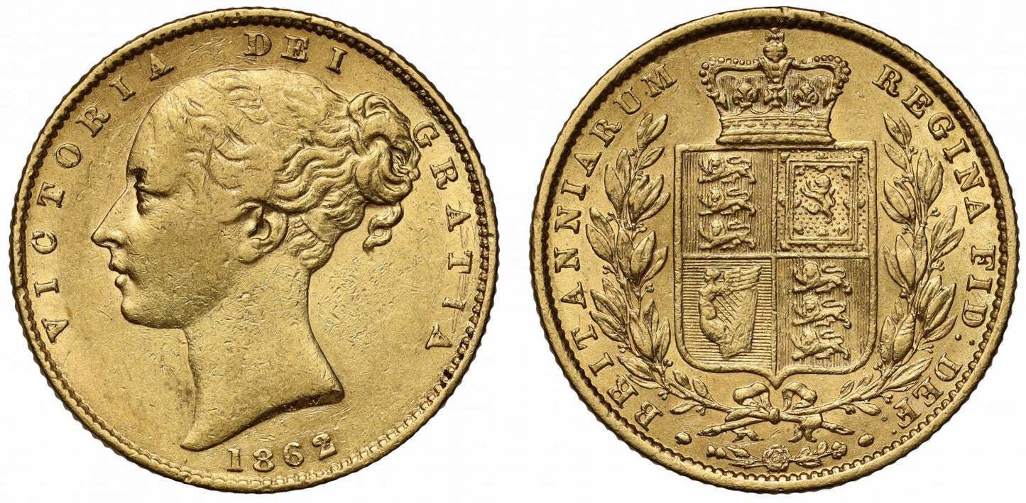 Victoria 1862 Sovereign, with first letter R of reverse struck over E