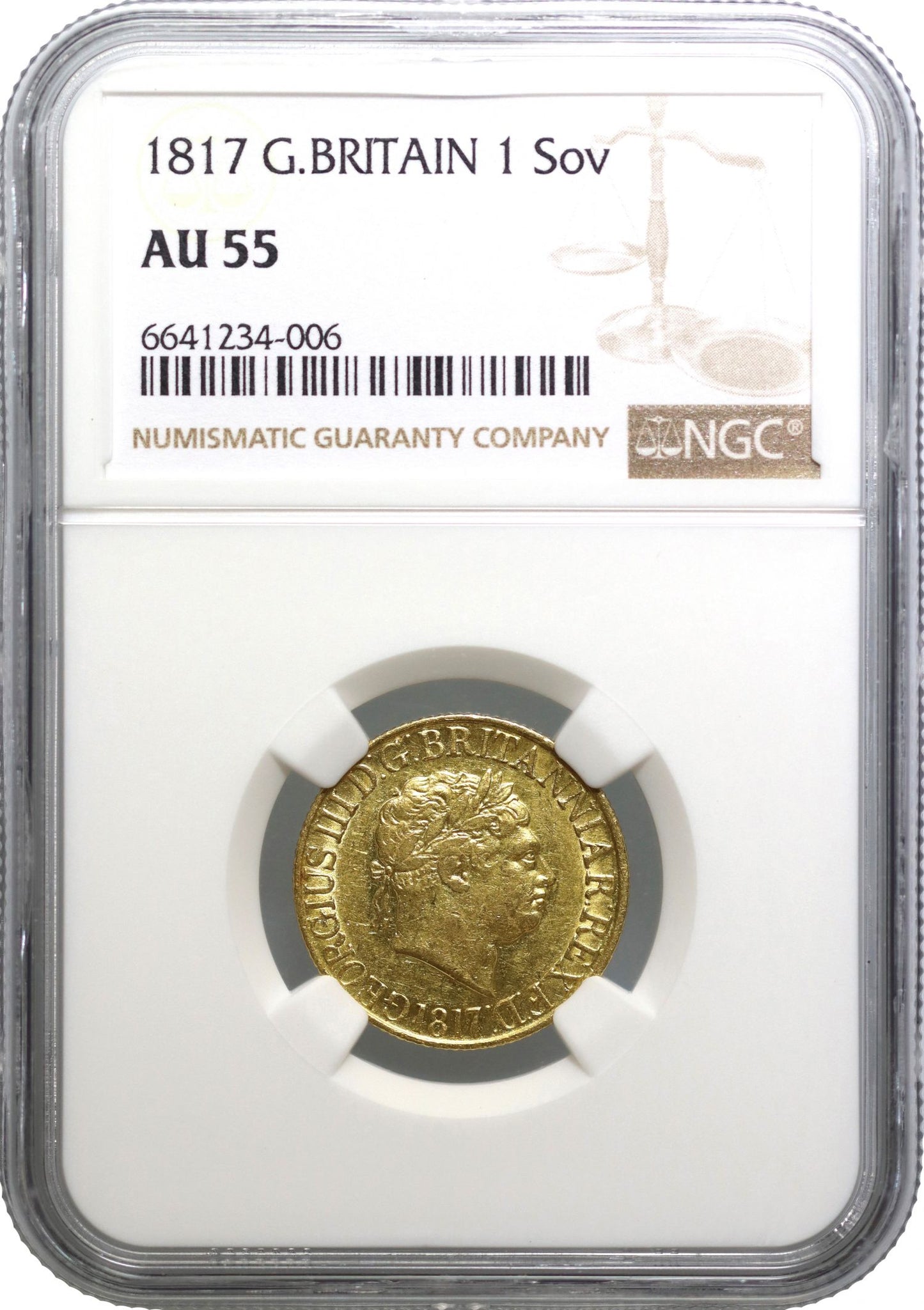 George III 1817 Sovereign, first year of issue NGC AU55