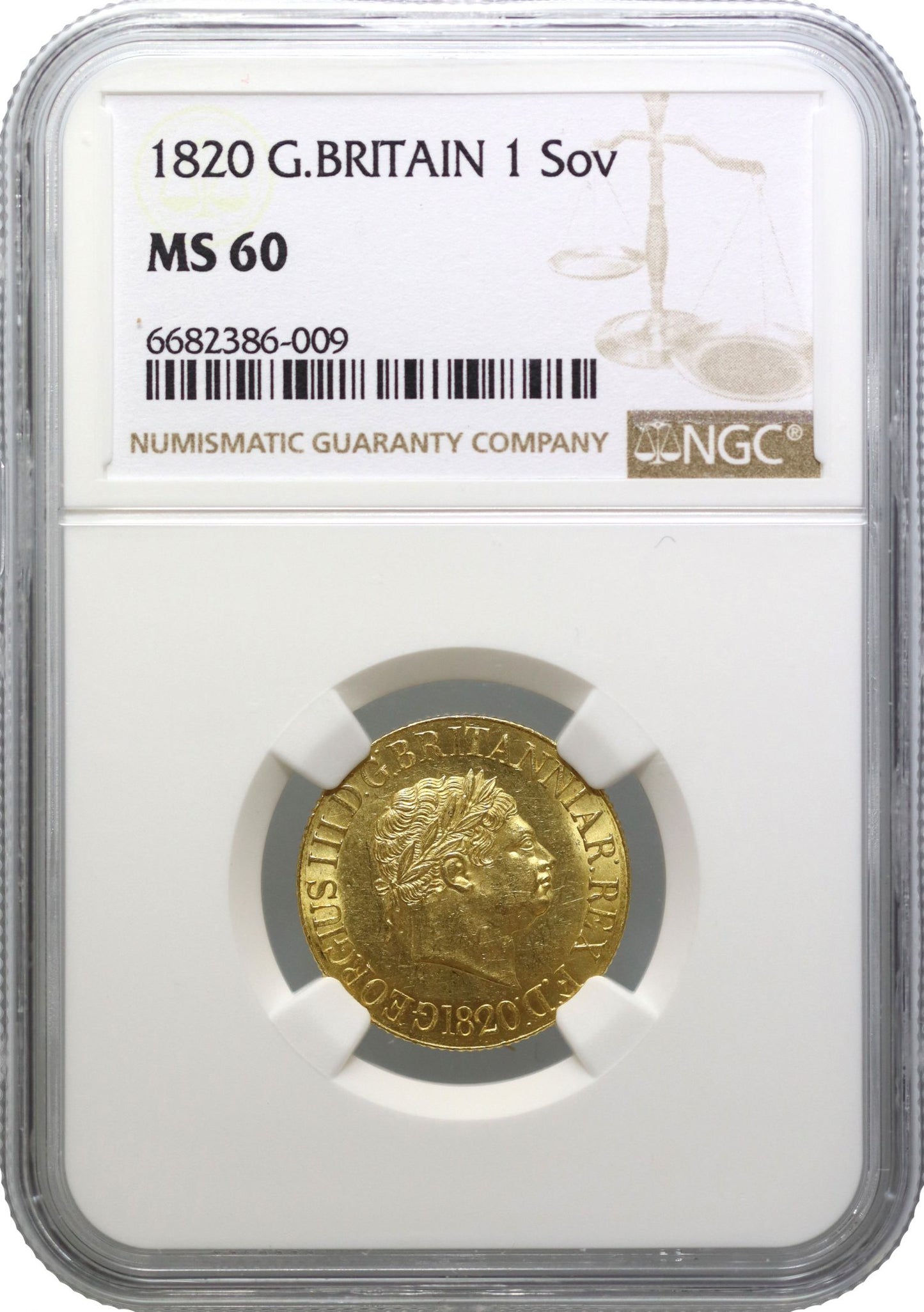 George III 1820 Sovereign, open 2, MS60, final date