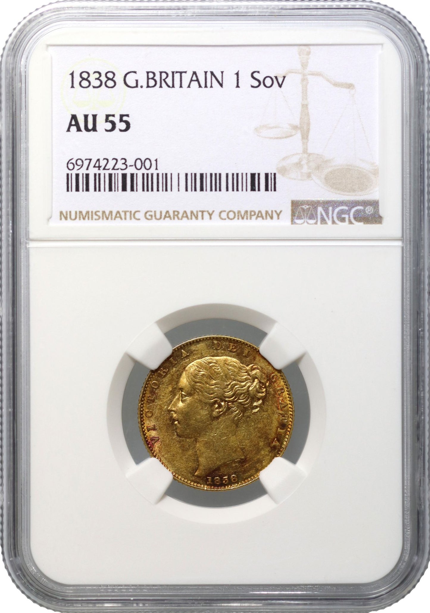 Victoria 1838 Sovereign, first year for reign, AU55