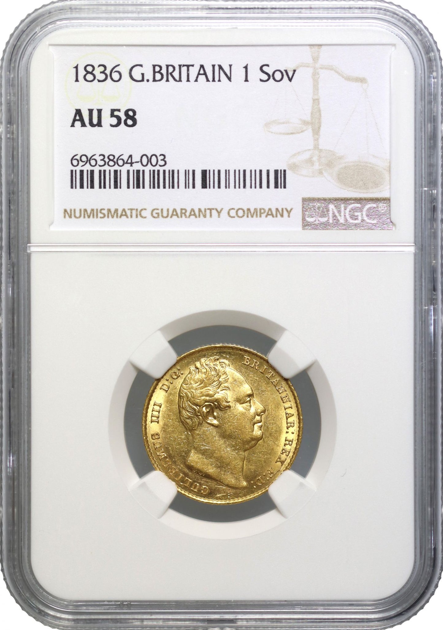 William IV 1836 Sovereign NGC AU58, penultimate year of reign