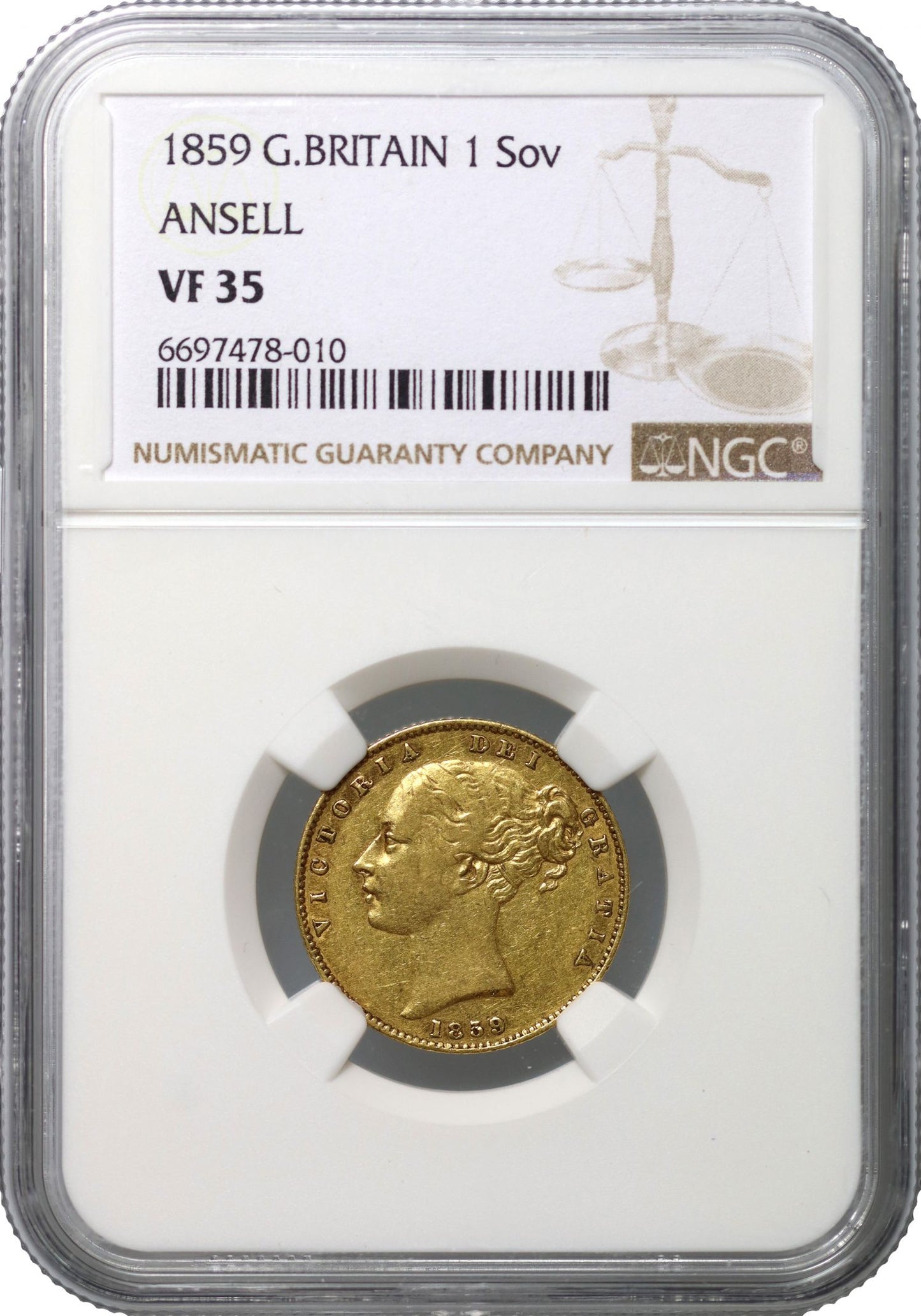 Victoria 1859 'Ansell' Sovereign NGC VF35, with extra line to rear fillet